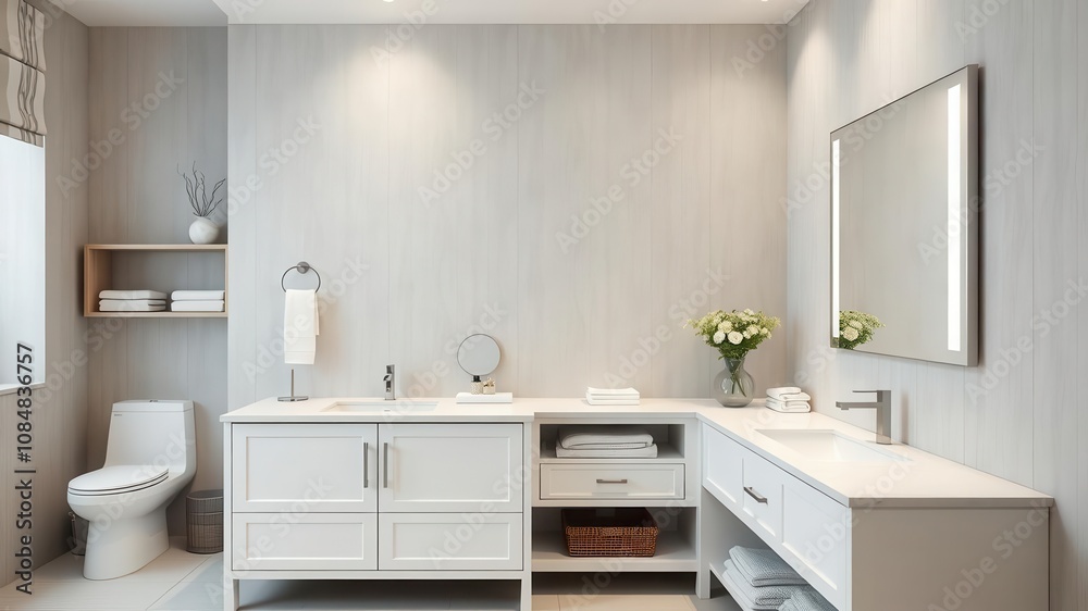 A clean and modern bathroom vanity featuring a sleek design and organized storage, towels, sink A clean and modern bathroom vanity featuring a sleek design and organized storage, towels, sink