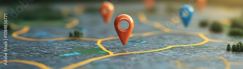 A close-up view of a map with colorful location pins, highlighting various points of interest in an urban landscape.