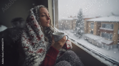 A woman wrapped in a cozy blanket enjoys a warm drink while watching snow fall outside her window in a quiet winter setting photo