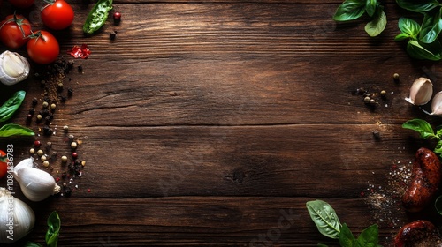 Wooden wreath with fir branches and cones on a rustic wooden board