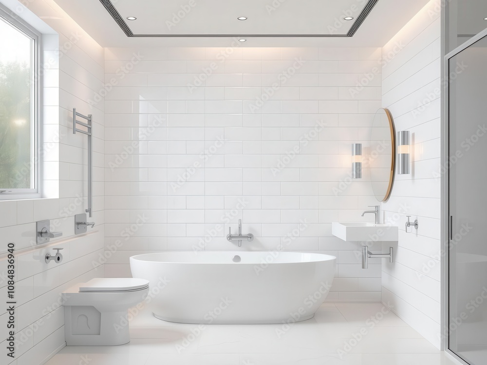 A clean and modern bathroom with white tiles and sleek fixtures, sanitary, design A clean and modern bathroom with white tiles and sleek fixtures, sanitary, design