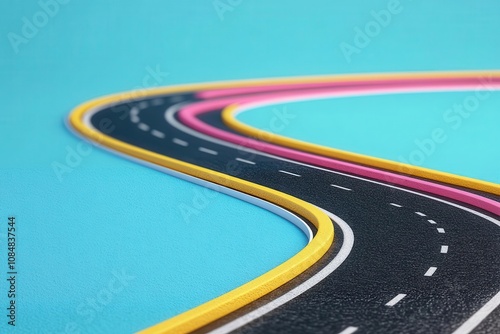 A colorful, curved road model on a blue surface, showcasing a playful design that evokes creativity and imagination in a vibrant setting.