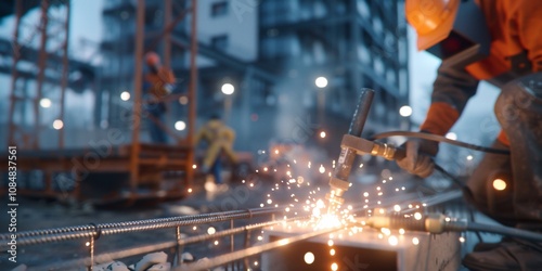 Welder sparks fly during metal construction.