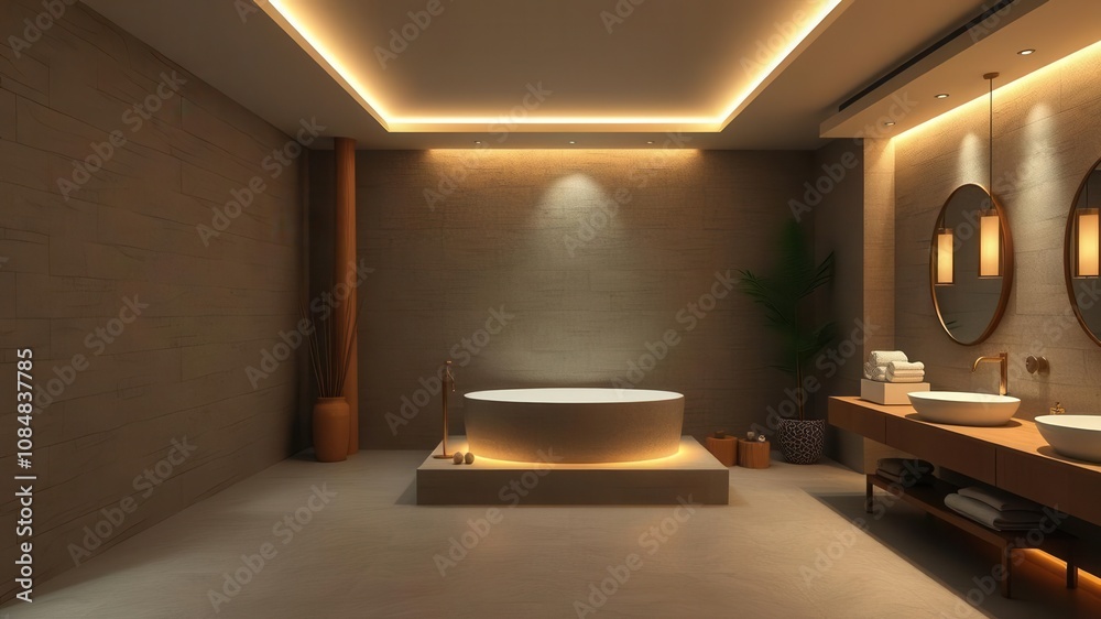 A luxurious and serene bathroom spa interior with a modern design featuring a jacuzzi tub, stone walls, bamboo accents, and soft mood lighting, peaceful, design A luxurious and serene bathroom spa interior with a modern design featuring a jacuzzi tub, stone walls, bamboo accents, and soft mood lighting, peaceful, design