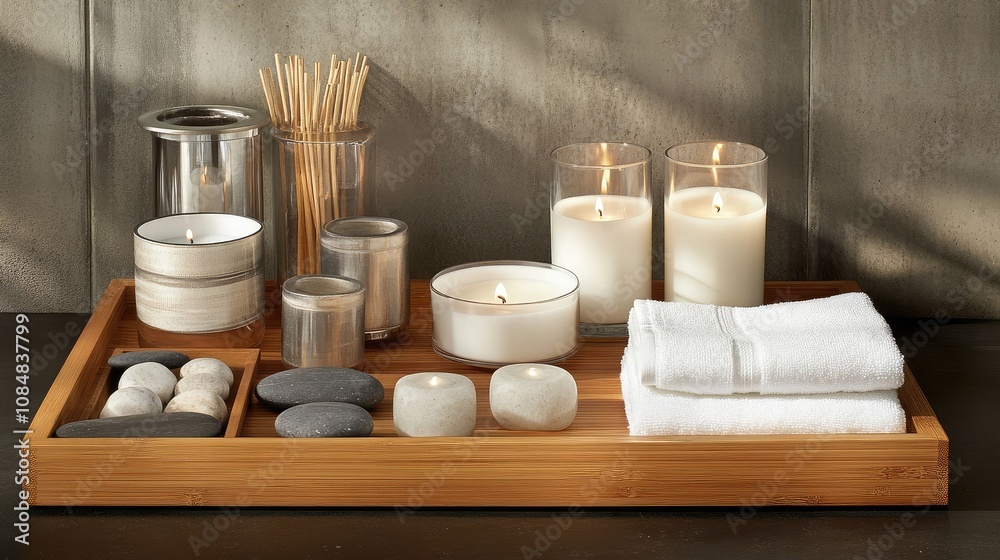 Serene Spa Arrangement Featuring Scented Candles, Bamboo Tray, Stones, and Soft Towels for a Calming Atmosphere at Home or in a Relaxation Space Serene Spa Arrangement Featuring Scented Candles, Bamboo Tray, Stones, and Soft Towels for a Calming Atmosphere at Home or in a Relaxation Space