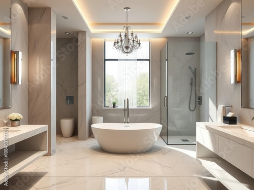 A luxurious and modern bathroom with sleek design featuring a freestanding bathtub, marble countertops, and a glass shower enclosure, stylish, tranquility