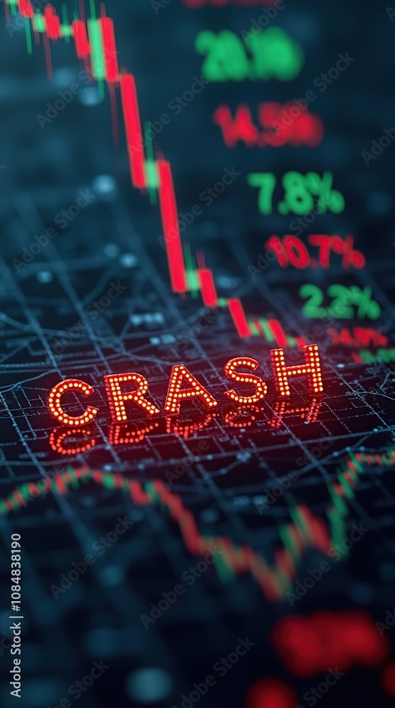 Fototapeta premium Stock market crash concept with declining graph and red text