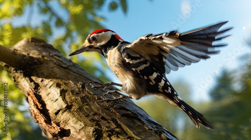 A Great Spotted Woodpecker captured in action, excavating a cavity in a tree trunk, with intricate details of the birdâ€™s feathers and the dynamic motion of its pecking.  photo