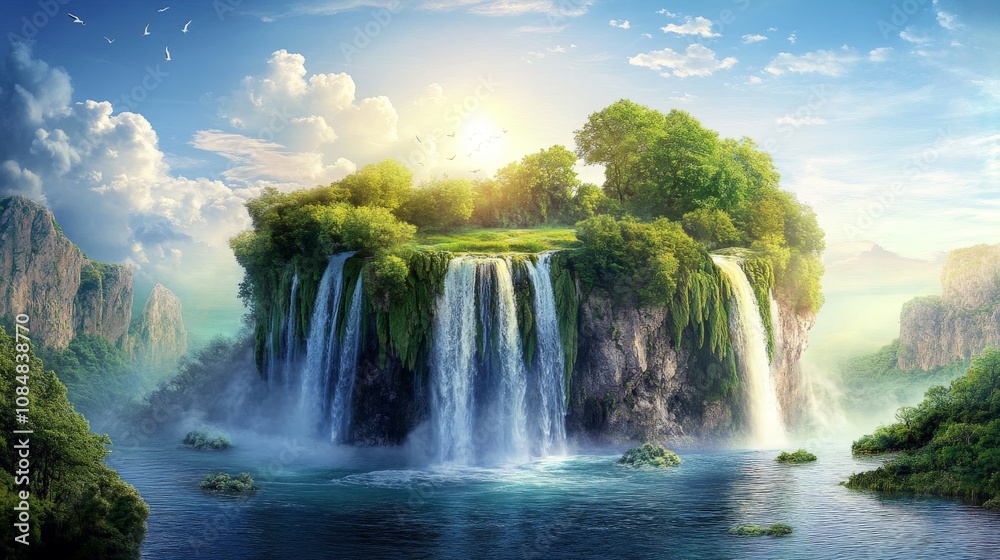 Obraz premium Island Waterfall Paradise Lush Green Serenity