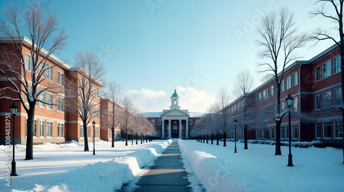 A Tranquil Snowy University Campus Under a Clear Blue Sky: Ideal for Corporate Culture Presentations