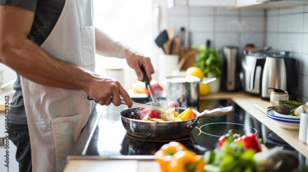 A modern kitchen with a person cooking a healthy meal, representing the trend towards home-cooked, nutritious food A modern kitchen with a person cooking a healthy meal, representing the trend towards home-cooked, nutritious food