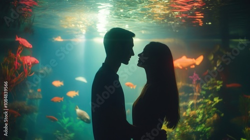 Silhouetted Couple's Underwater Romance: An Aquarium Embrace photo