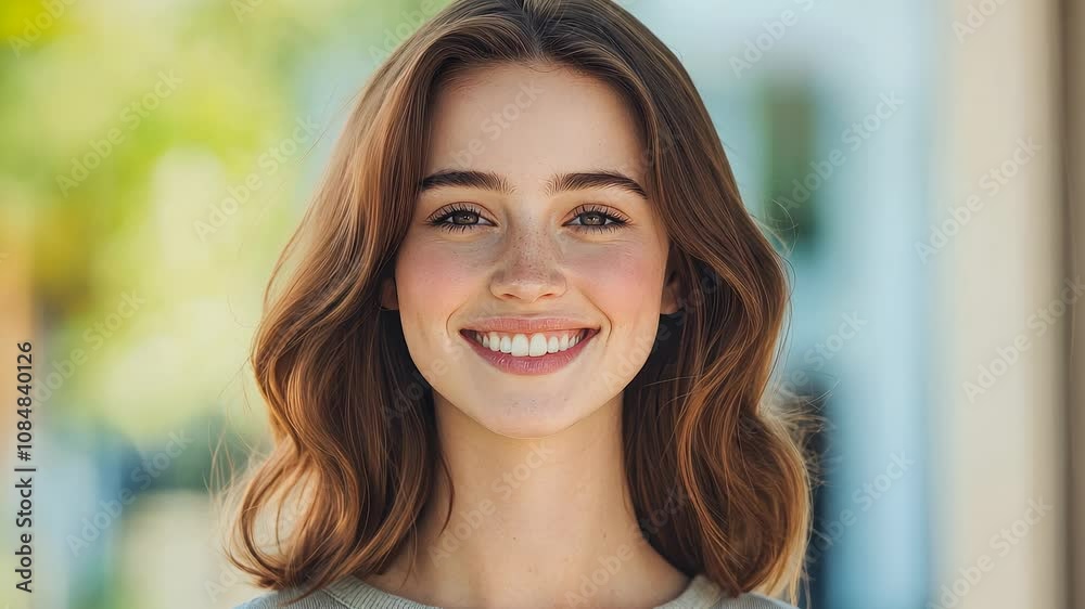A happy young woman smiling warmly at the camera A happy young woman smiling warmly at the camera