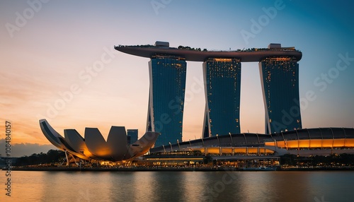 Singapore. Marina Bay Sands Hotel. Colorful dawn and calm water of the bay 206 photo