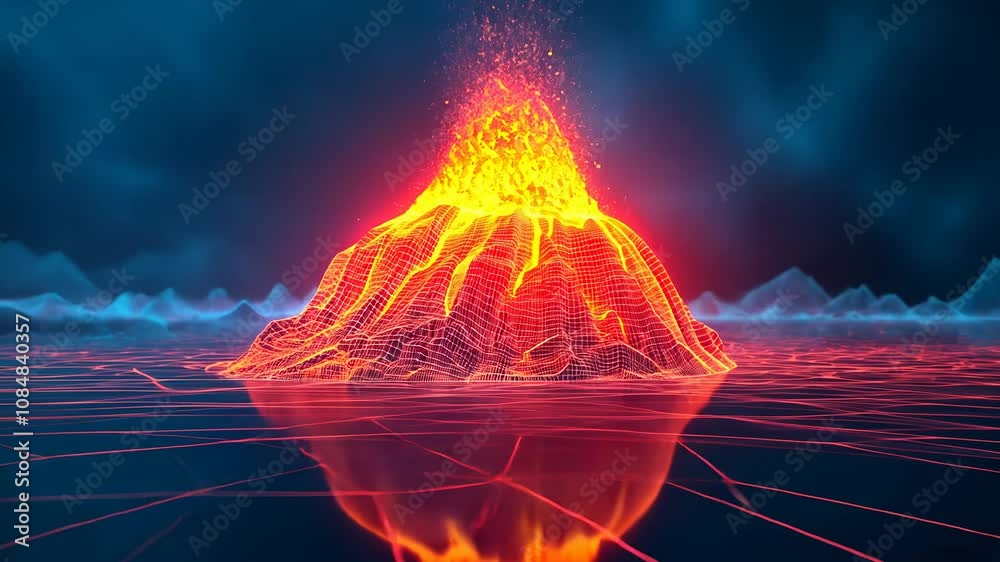 wireframe  volcano erupting,   lava and  lighting 