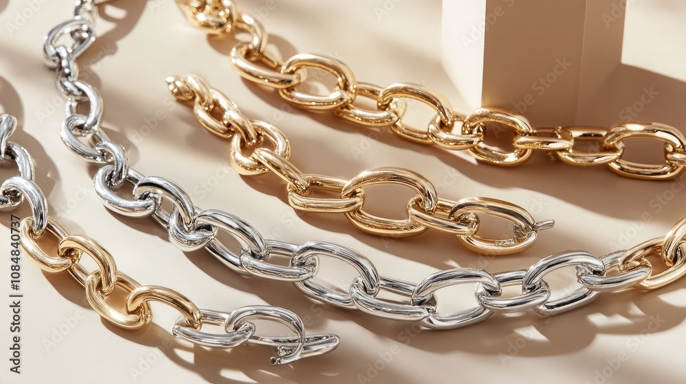Fototapeta premium Elegant Collection of Shiny Gold and Silver Chain Links on Soft Background for Jewelry and Fashion Photography