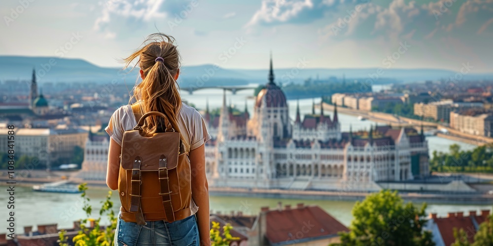 Fototapeta premium Budapest's Majestic Parliament Building Viewed by a Tourist