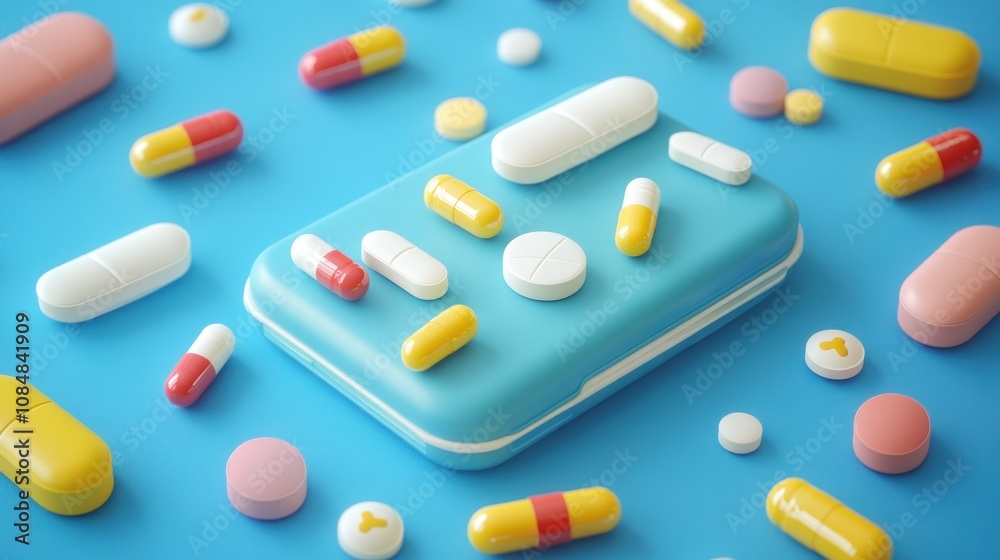 Colorful Pills and Medication Dispenser on Blue Background Colorful Pills and Medication Dispenser on Blue Background