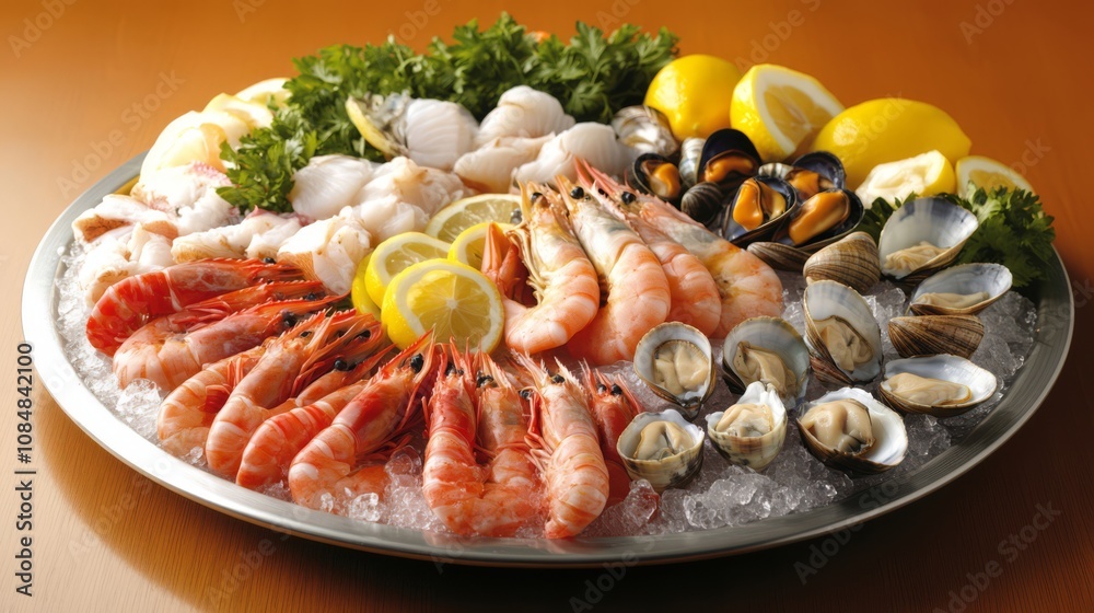 A platter of fresh seafood including shrimp, clams, mussels, and fish, served on a bed of ice with lemon wedges and parsley. A platter of fresh seafood including shrimp, clams, mussels, and fish, served on a bed of ice with lemon wedges and parsley.