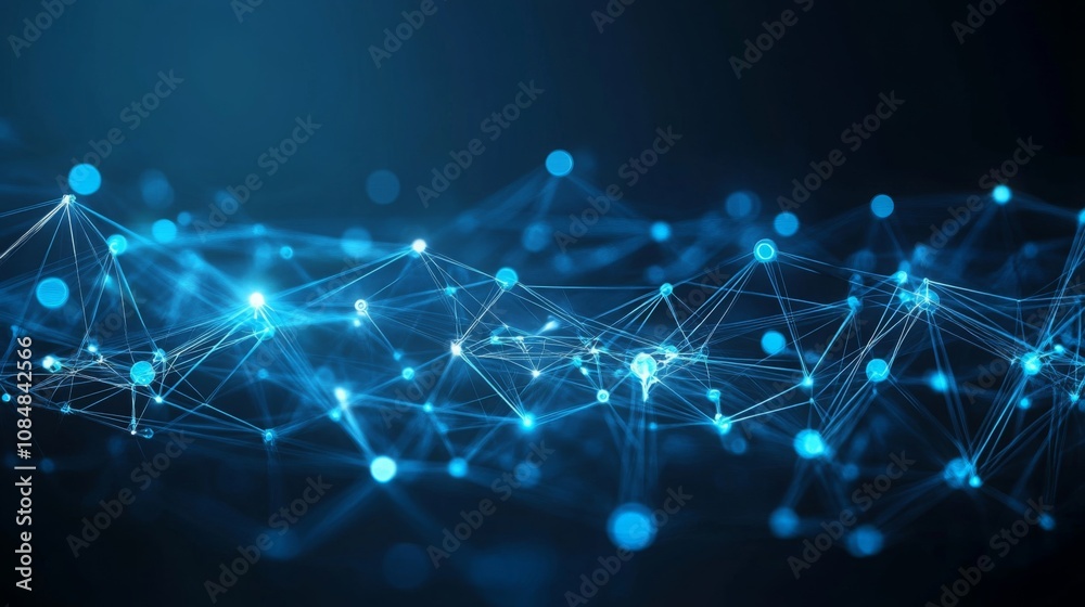 Obraz premium Abstract Digital Network: A mesmerizing abstract digital network with glowing nodes and interconnected lines, evoking a sense of technological advancement, global connectivity, and data flow. 