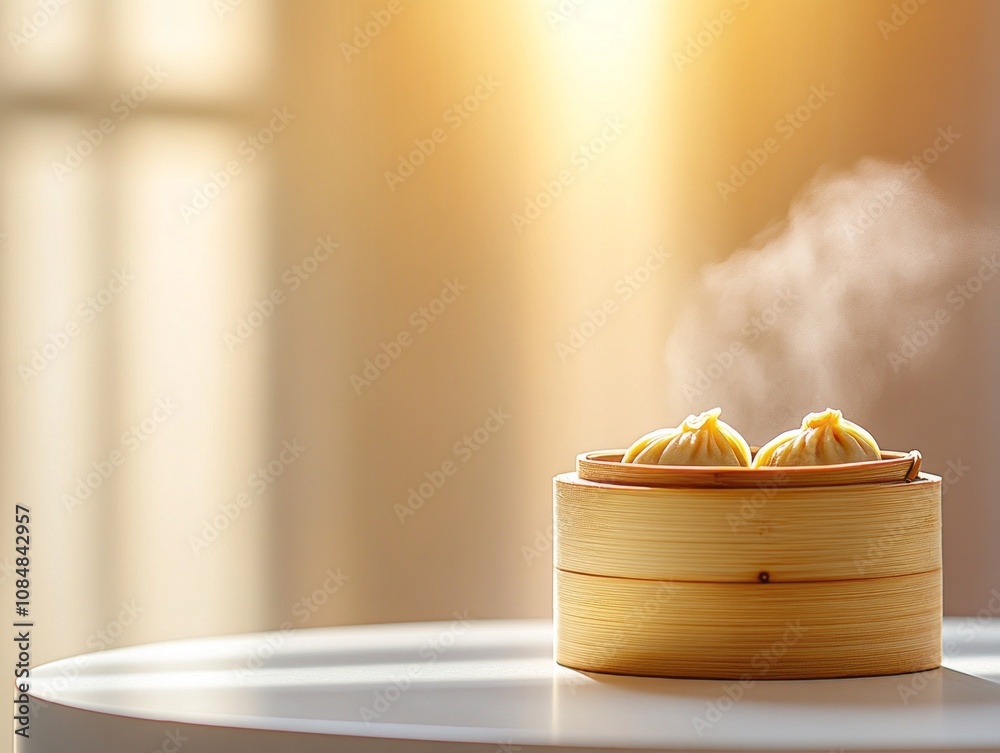 Steaming dim sum in a bamboo basket on a white table. Steaming dim sum in a bamboo basket on a white table.