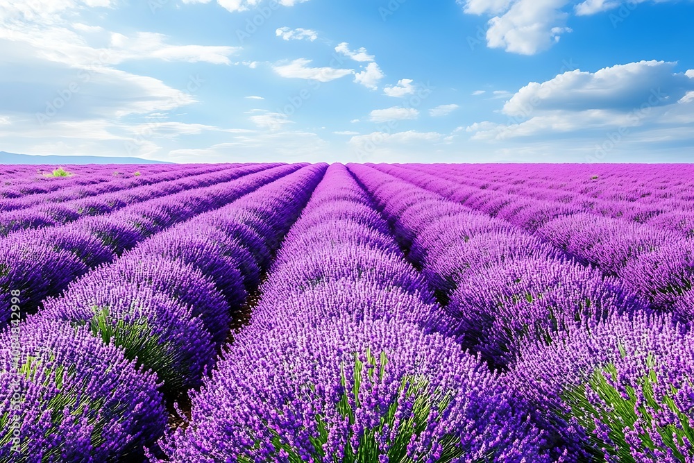 Obraz premium Vibrant lavender fields under a blue sky with fluffy clouds.