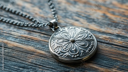 Intricate Silver Locket Pendant with Floral Design on Rustic Wooden Surface, Displaying Artisan Craftsmanship and Vintage Aesthetic Charm in Soft Natural Light