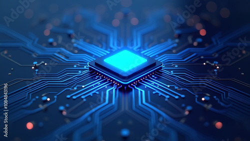 Glowing Purple AI Chip on Blue Circuit Board, Symbolizing Advanced Artificial Intelligence Technology.