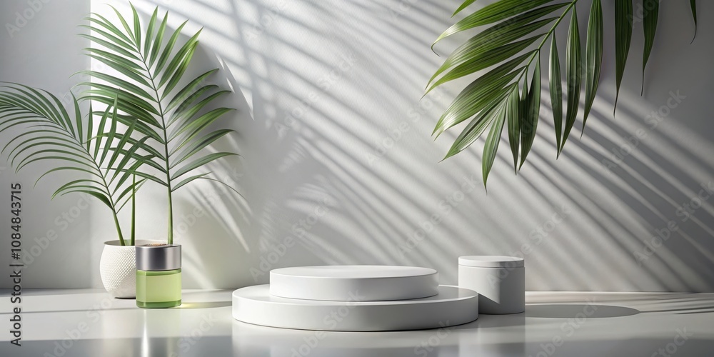 Serene Minimalist Display with White Platforms and Lush Greenery Serene Minimalist Display with White Platforms and Lush Greenery