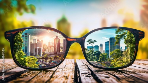 A pair of eyeglasses with each lens displaying a different reality, one a lush forest and the other a bustling city, set on a rustic wooden desk