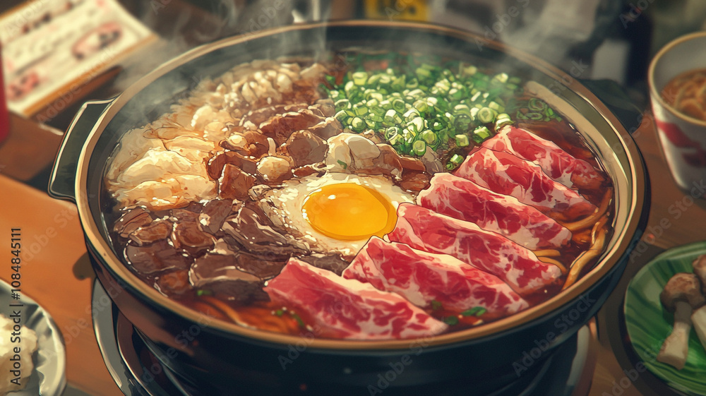 Delicious hot pot meal with fresh ingredients served in a cozy restaurant setting Delicious hot pot meal with fresh ingredients served in a cozy restaurant setting