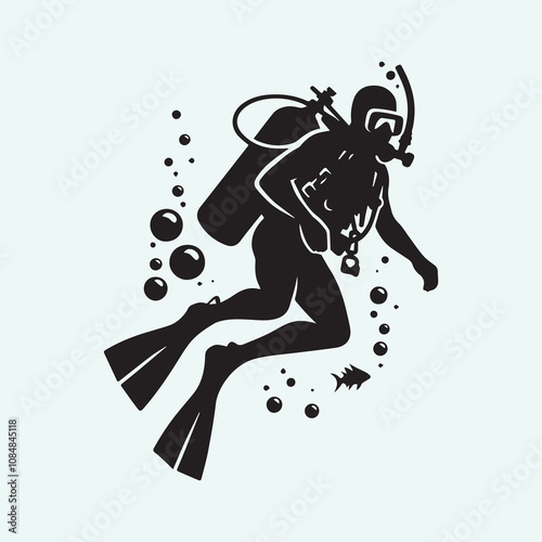 scuba diver man vector, scuba diver man silhouette vector icon black and white full body