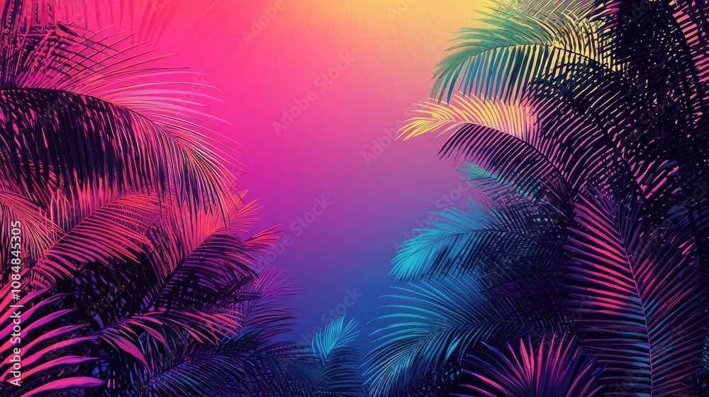 Vibrant palm leaves against a colorful sunset. Vibrant palm leaves against a colorful sunset.