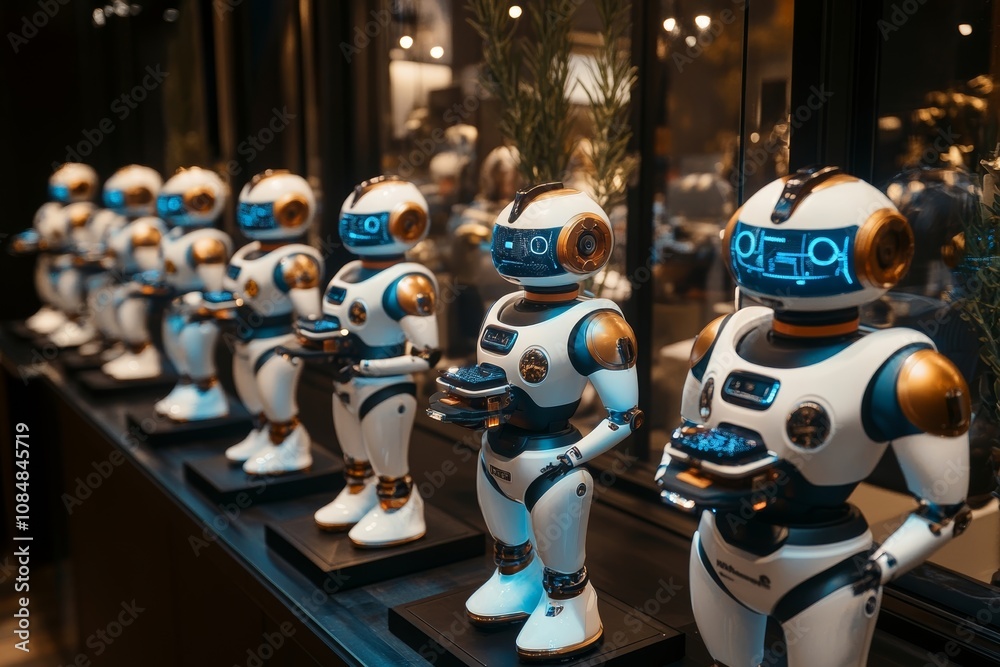 Obraz premium A Row of Elegant White and Gold Robots Serving Trays