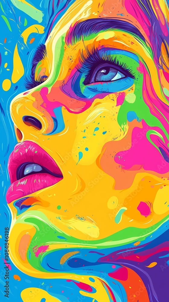 A vibrant, abstract portrait of a woman's face with colorful paint splashes. A vibrant, abstract portrait of a woman's face with colorful paint splashes.