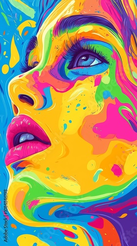 A vibrant, abstract portrait of a woman's face with colorful paint splashes.