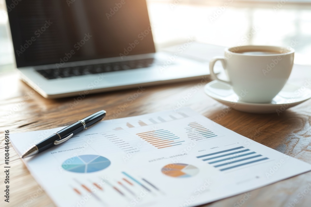 Financial Report Analysis: Business Workplace Desk Setup with Charts, Graphs, and Coffee Financial Report Analysis: Business Workplace Desk Setup with Charts, Graphs, and Coffee