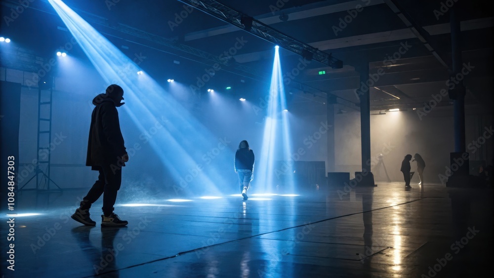 Obraz premium Silhouetted figures in a large, dimly lit warehouse space, bathed in dramatic blue stage lighting, create a captivating scene of artistic performance or rehearsal.