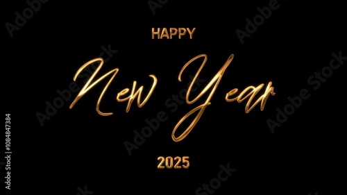 happy new year 2025 text animation handwritten golden letter on black background to celebrate new year