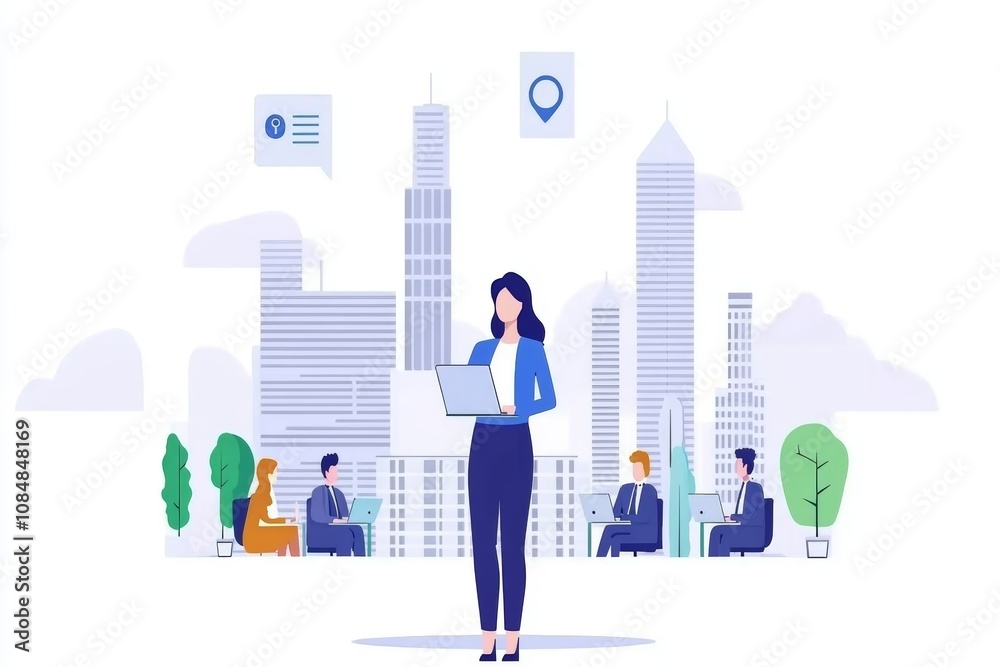 Businesswoman Working on Laptop in Modern City Setting Businesswoman Working on Laptop in Modern City Setting