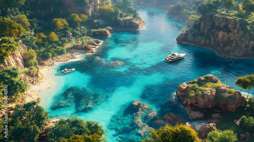 Secluded Cove with Turquoise Water and Boats - 3D Illustration