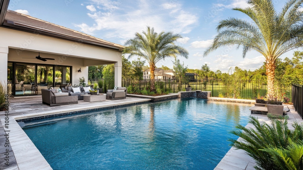 Luxury backyard with a modern pool, surrounded by palm trees and outdoor furniture, creating a serene atmosphere Luxury backyard with a modern pool, surrounded by palm trees and outdoor furniture, creating a serene atmosphere