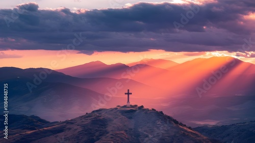 jesus christ cross easter resurrection concept christian cross on a background with dramatic lighting colorful mountain sunset dark clouds