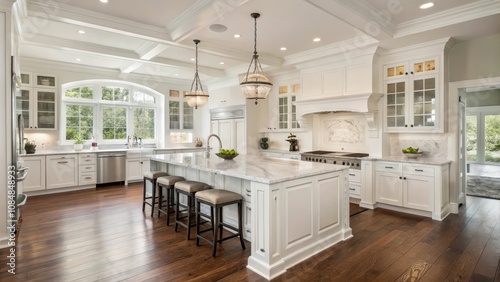 Elegant White Kitchen with Island, Hardwood Floors, and Large Windows