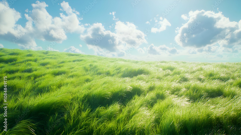 Naklejka premium Green Grass Field with Blue Sky and White Clouds Illustration