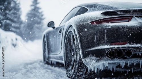 Icy sports car outdoors during a snowstorm, symbolizing frozen conditions and harsh weather photo