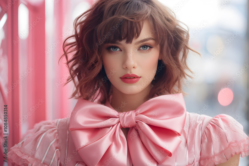 A woman wearing a pink dress with a bow on her neck