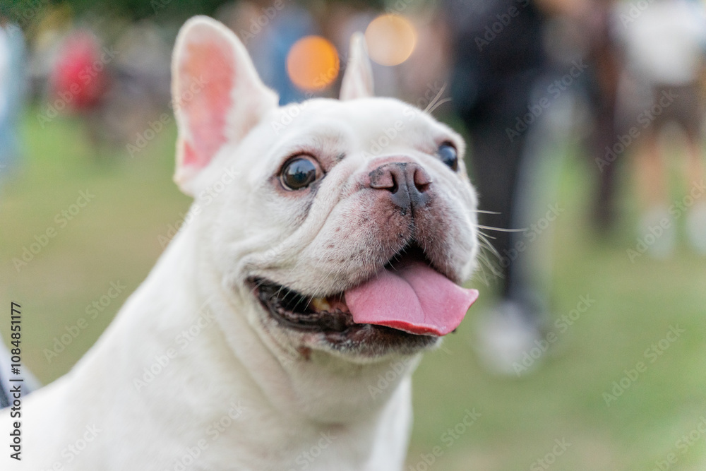a cheerful white French Bulldog, also known as a Frenchie, strolling through a lush green field. Its wrinkled face and distinctive bat-like ears add to its adorable charm.