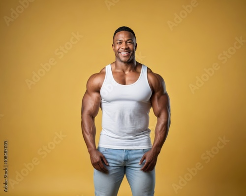 Muscular black man wearing white tank top and jeans isolated on yellow background