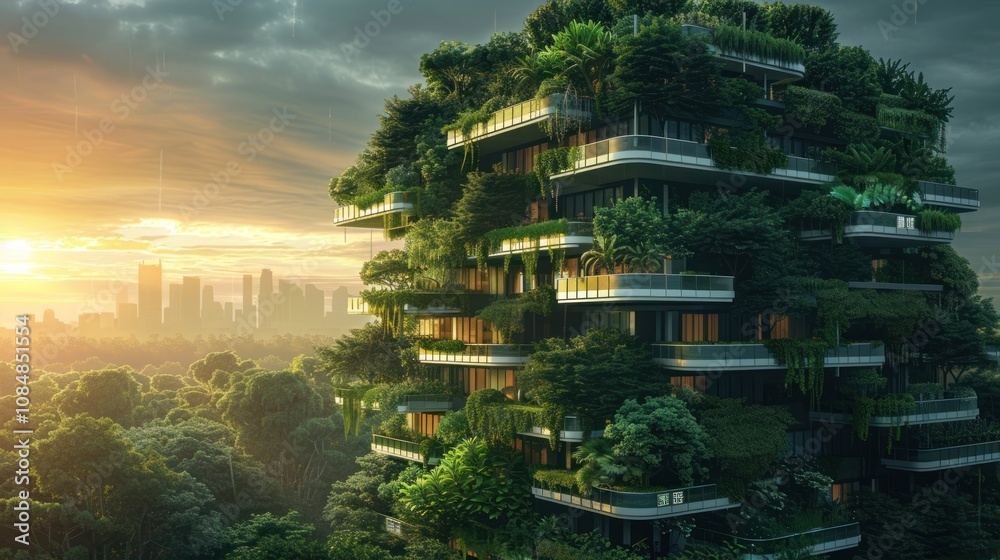 Obraz premium A futuristic building covered in lush greenery stands tall against a backdrop of a city skyline and a vibrant sunrise.
